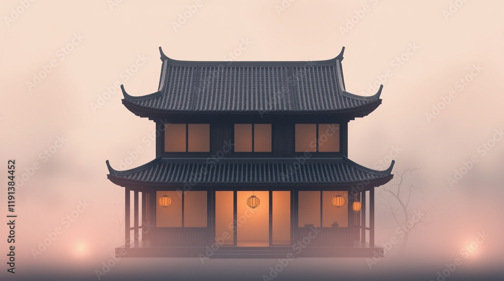 Fototapeta premium Serene two-story house nestled in morning mist, traditional architecture with warm interior lighting.