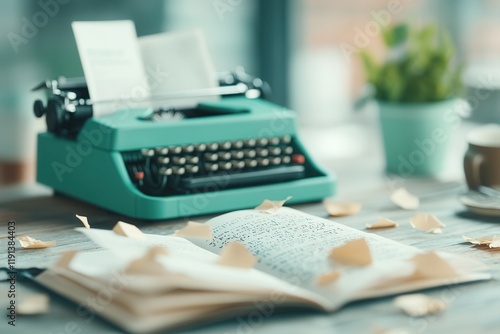 Vintage creative writing workspace with typewriter and scattered manuscripts. Black History Month photo