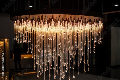 A cascading waterfall chandelier with shimmering crystal drops, glowing warmly in an elegant contemporary space photo