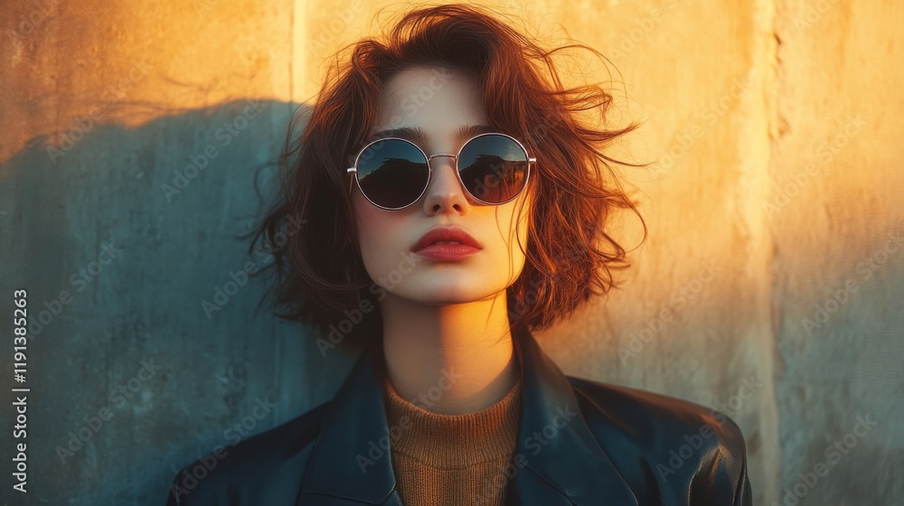 A young woman with stylish round sunglasses poses against a textured wall illuminated by warm sunlight A young woman with stylish round sunglasses poses against a textured wall illuminated by warm sunlight