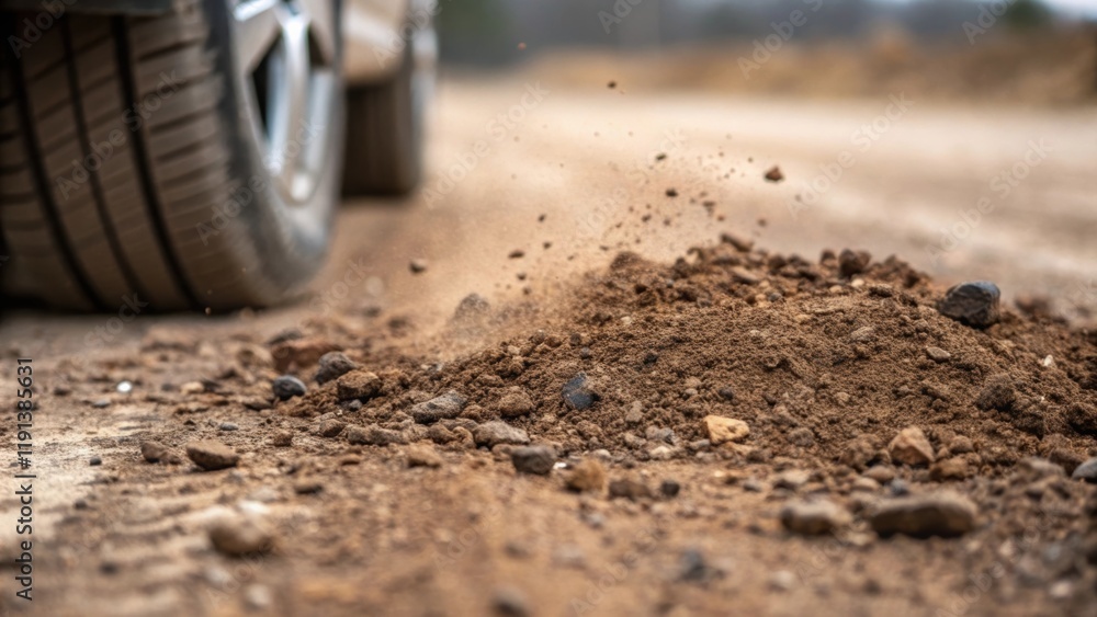 A detailed closeup of the ground surface surrounding a partially driven pile emphasizing the disturbed soil and debris being disp illustrating the impact of the driving process. A detailed closeup of the ground surface surrounding a partially driven pile emphasizing the disturbed soil and debris being disp illustrating the impact of the driving process.