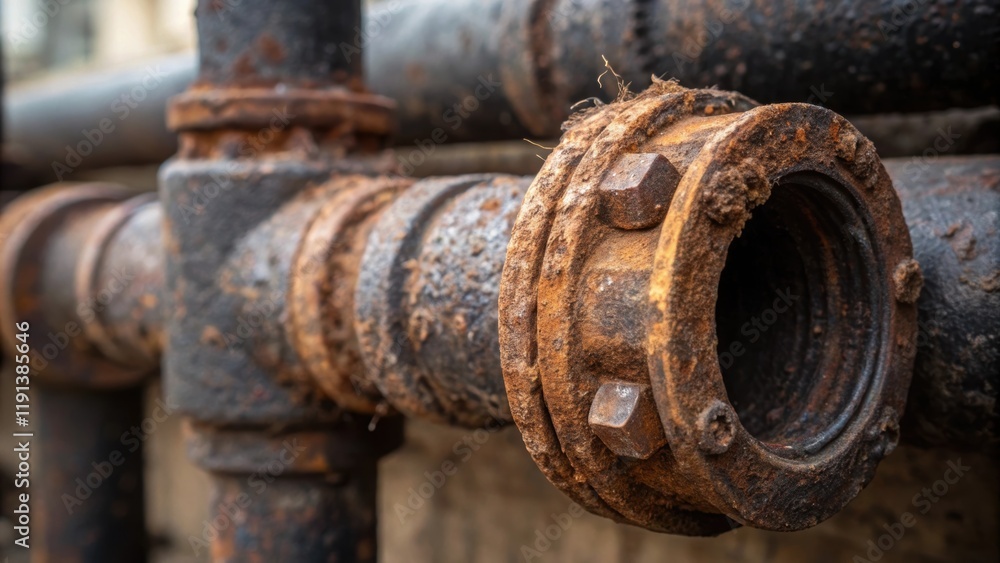 A detailed closeup of rusted cast iron pipe joints illustrating the texture of the corroded surfaces and highlighting the contrast between the dark metal and the dust collected in A detailed closeup of rusted cast iron pipe joints illustrating the texture of the corroded surfaces and highlighting the contrast between the dark metal and the dust collected in