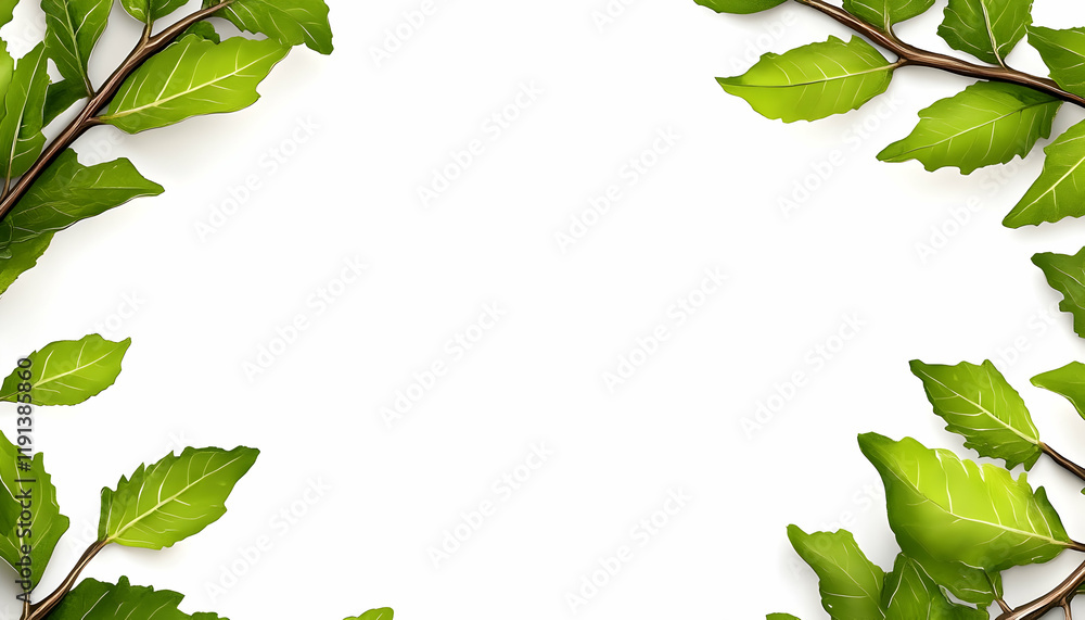 Green leaves frame, nature border, white background, spring design, website banner Green leaves frame, nature border, white background, spring design, website banner