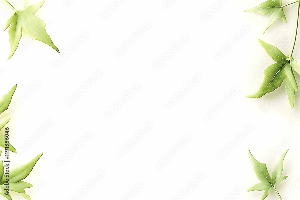 Fototapeta premium Green leaves frame on white background; nature design for invitation or website