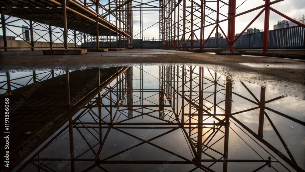 A diagonal view of the puddle reflecting geometric patterns of scaffolding and beams from the site showcasing the interplay of reflection and shadow that becomes art in itself. A diagonal view of the puddle reflecting geometric patterns of scaffolding and beams from the site showcasing the interplay of reflection and shadow that becomes art in itself.