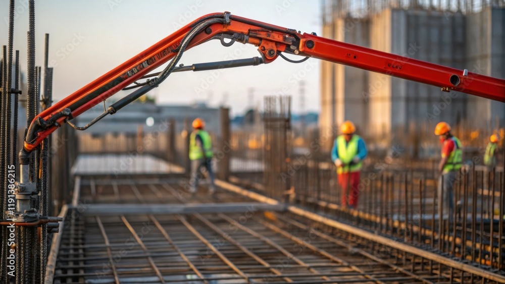 Naklejka premium A dynamic medium closeup of a concrete pumps boom in motion with workers directing the flow as the hydraulic arms articulate gracefully against a backdrop of steel reinforcements