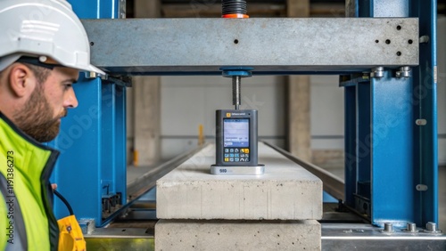 A focused shot of a worker applying pressure to a concrete beam in a testing frame the strain gauges visibly capturing deflection data as the operator notes results.