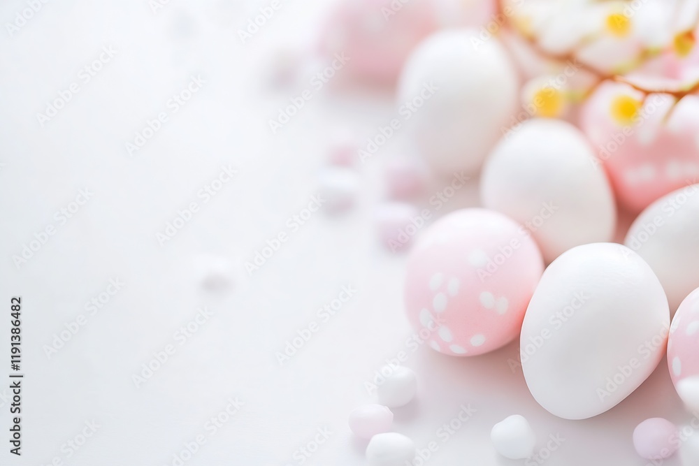 Delicate Pastel Easter Eggs with Blossoms on Soft White Background : Generative AI Delicate Pastel Easter Eggs with Blossoms on Soft White Background : Generative AI