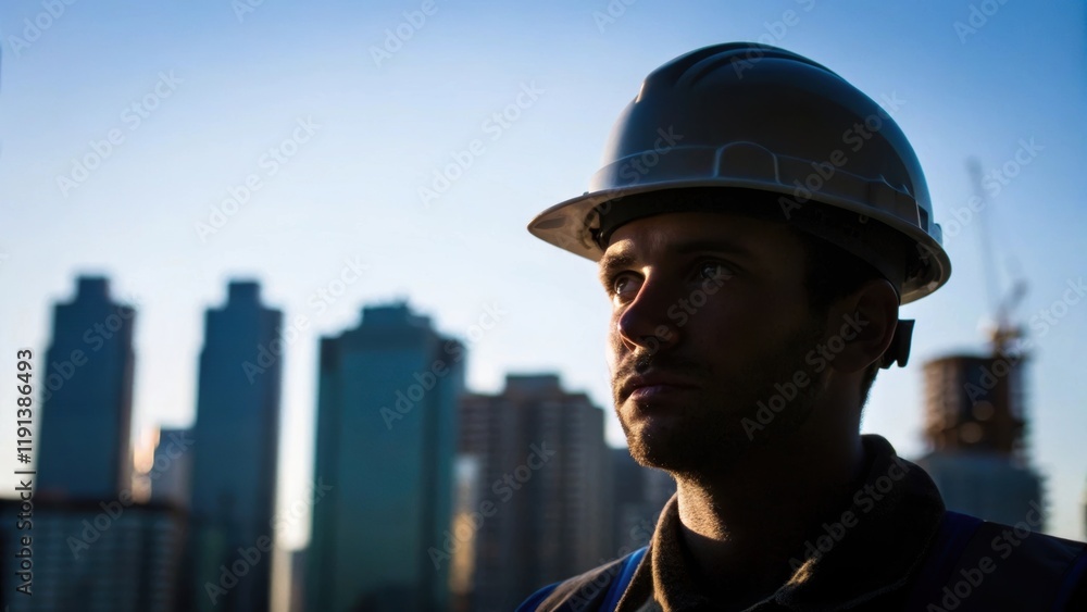 A medium closeup captures the construction workers face partially shadowed by their helmet deep in thought with the skylines silhouette contrasting against the bright blue of the A medium closeup captures the construction workers face partially shadowed by their helmet deep in thought with the skylines silhouette contrasting against the bright blue of the