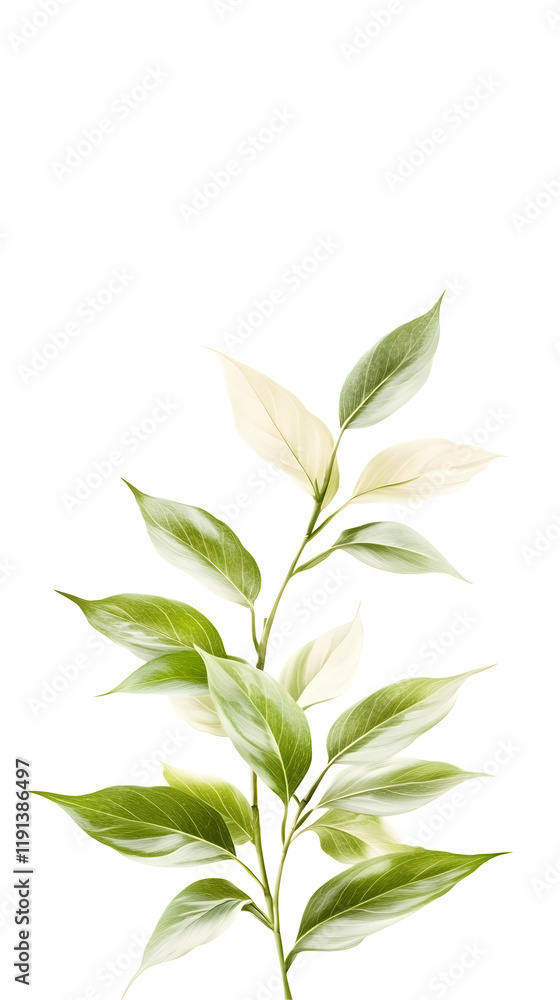 Obraz premium Green leaves sprig, botanical illustration, white background, nature photography; ideal for website banners or greeting cards