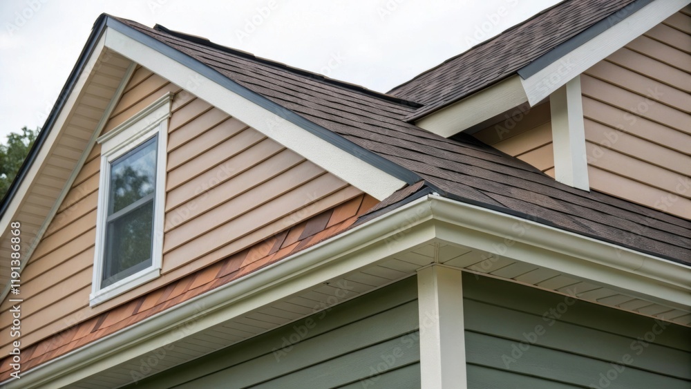 A medium closeup exploring the connection between a hip roof and the adjacent wall highlighting the flashing and trim detail that protects against water intrusion. The contrasting A medium closeup exploring the connection between a hip roof and the adjacent wall highlighting the flashing and trim detail that protects against water intrusion. The contrasting