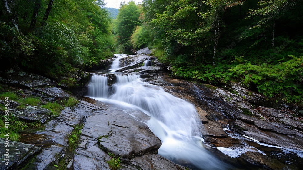 Obraz premium Forest Waterfall Cascading Over Stone Rocks Surrounded by Greenery : Generative AI