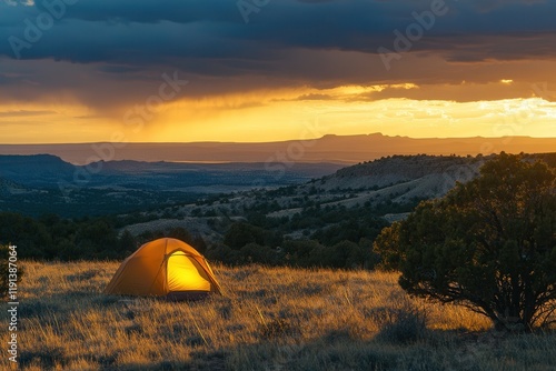 Sunset wilderness camping with glowing tent in vast desert landscape. photo