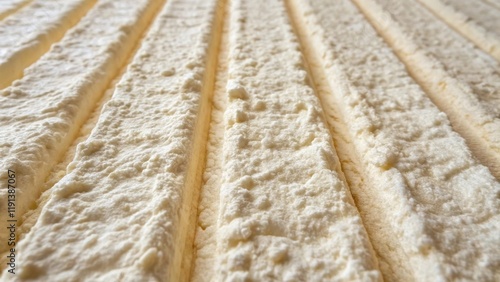 A medium closeup featuring the surface of spray foam insulation with its lumpy uneven texture that shows vertical ridges and grooves giving it a tactile quality reminiscent of photo