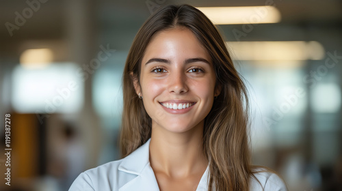 A confident young professional smiling in a bright and modern workplace environment photo