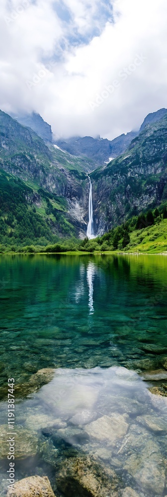 Obraz premium Majestic Alpine Waterfall Cascading Over Rocky Cliffs into a Clear Mountain Lake : Generative AI