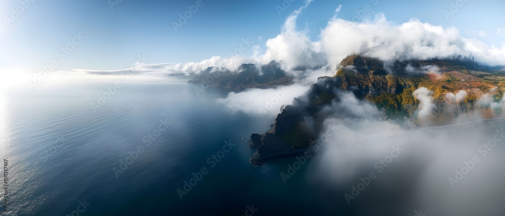 Fototapeta premium Serene Coastal Landscape with Misty Cliffs and Tranquil Ocean View