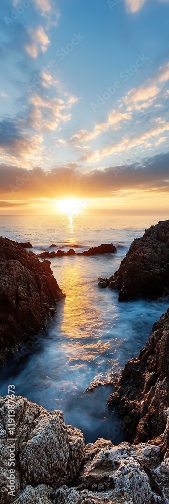 Obraz premium Dramatic Coastal Sunset with Golden Horizons and Glistening Ocean Waves by Jagged Rocks : Generative AI