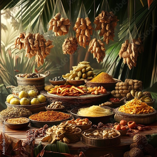 A beautifully arranged table with various food items, including dried fruits and spices, in the background is an illustration of palm leaves hanging from above.  photo