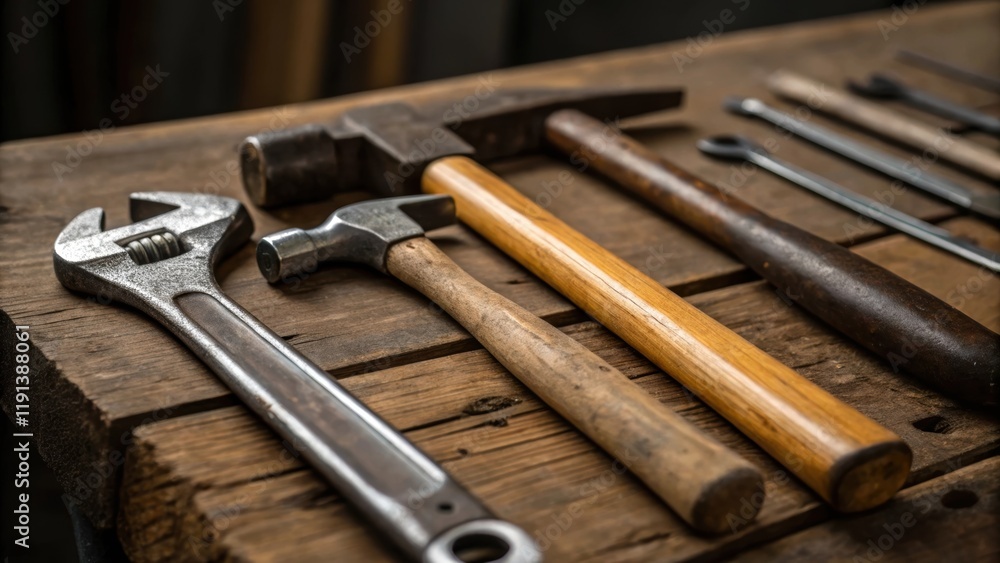A medium closeup of a collection of hand tools resting on a wooden workbench with a mix of metallic tools and wooden handles highlighting the craftsmanship involved in manual A medium closeup of a collection of hand tools resting on a wooden workbench with a mix of metallic tools and wooden handles highlighting the craftsmanship involved in manual