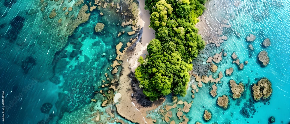 Fototapeta premium Lush Tropical Island Surrounded by Vibrant Blue Ocean Waters from Above