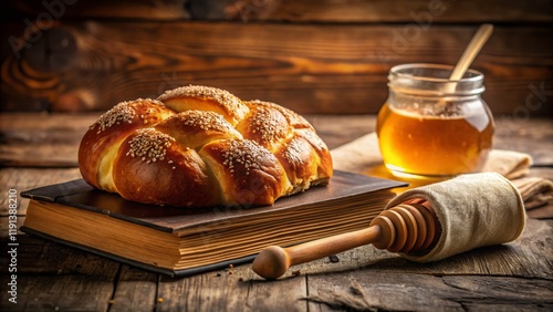 Old Jewish Book with Challah Bread and Honey for Rosh Hashanah photo