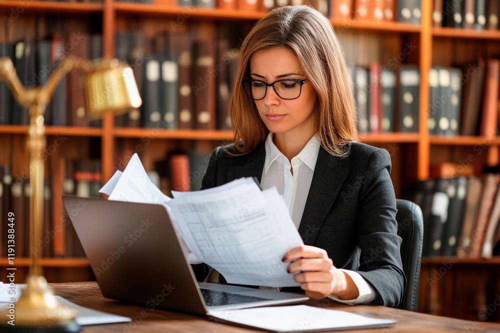 Focused professional reviewing documents in an elegant library setting during work hours Focused professional reviewing documents in an elegant library setting during work hours