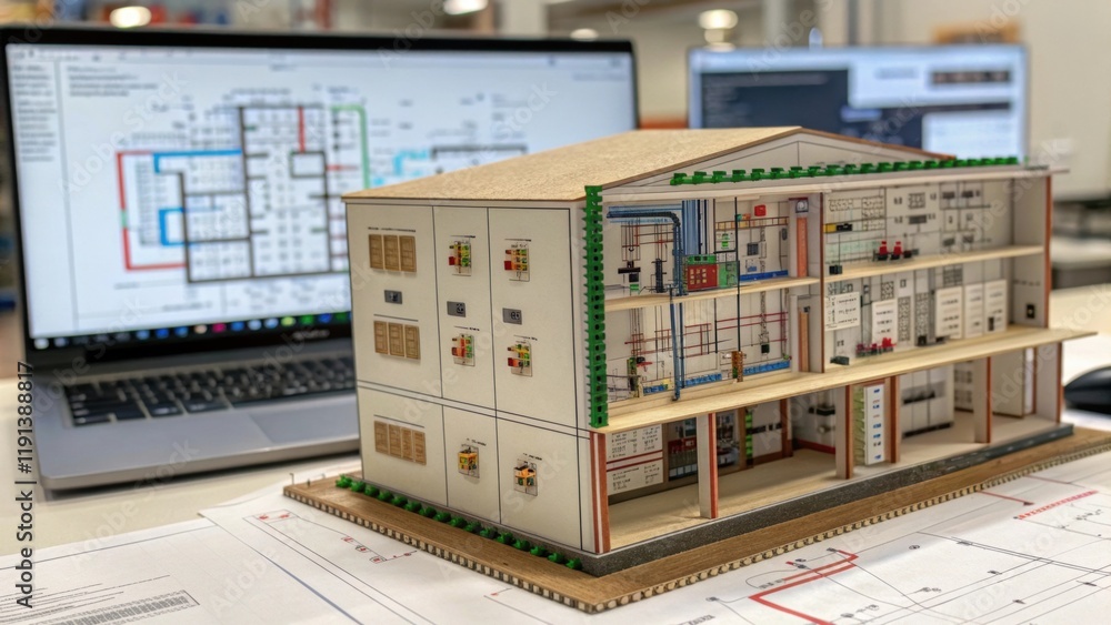 A medium closeup of a detailed 3D model rendered in a design software with layers and annotations that illustrate various aspects of building systems from electrical to plumbing. A medium closeup of a detailed 3D model rendered in a design software with layers and annotations that illustrate various aspects of building systems from electrical to plumbing.