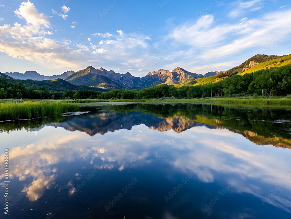 Breathtaking Mountain Range Reflected in a serene Lake Under Expansive Blue Sky : Generative AI Breathtaking Mountain Range Reflected in a serene Lake Under Expansive Blue Sky : Generative AI