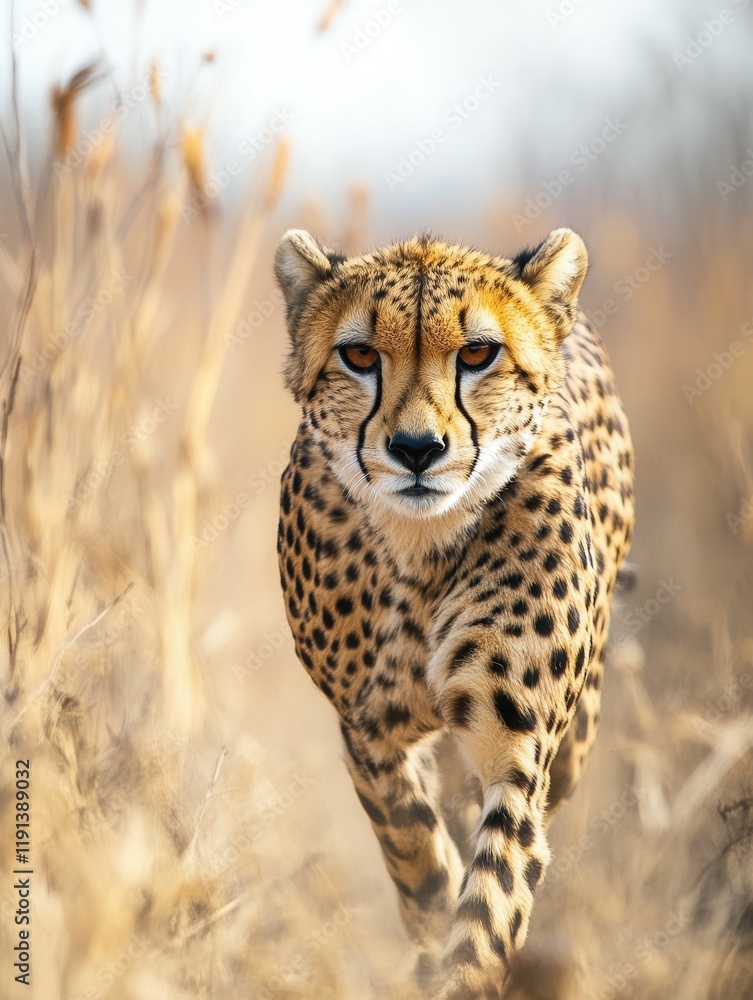 Cheetah prowling through grasslands in focused stance. Cheetah prowling through grasslands in focused stance.
