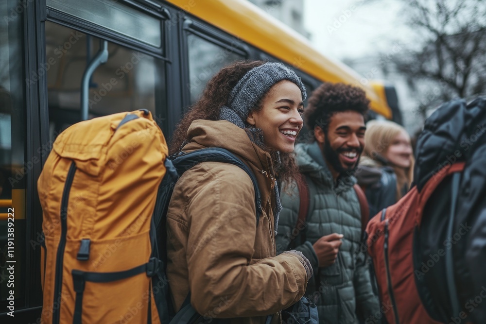 Fototapeta premium A group of diverse young people with backpacks smiling while boarding a yellow bus on a cloudy day