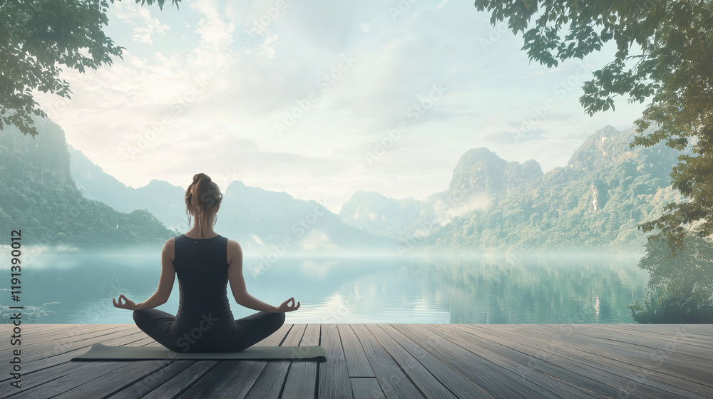 Fototapeta premium A woman meditating on a wooden deck by a serene lake with mountains and mist in the background