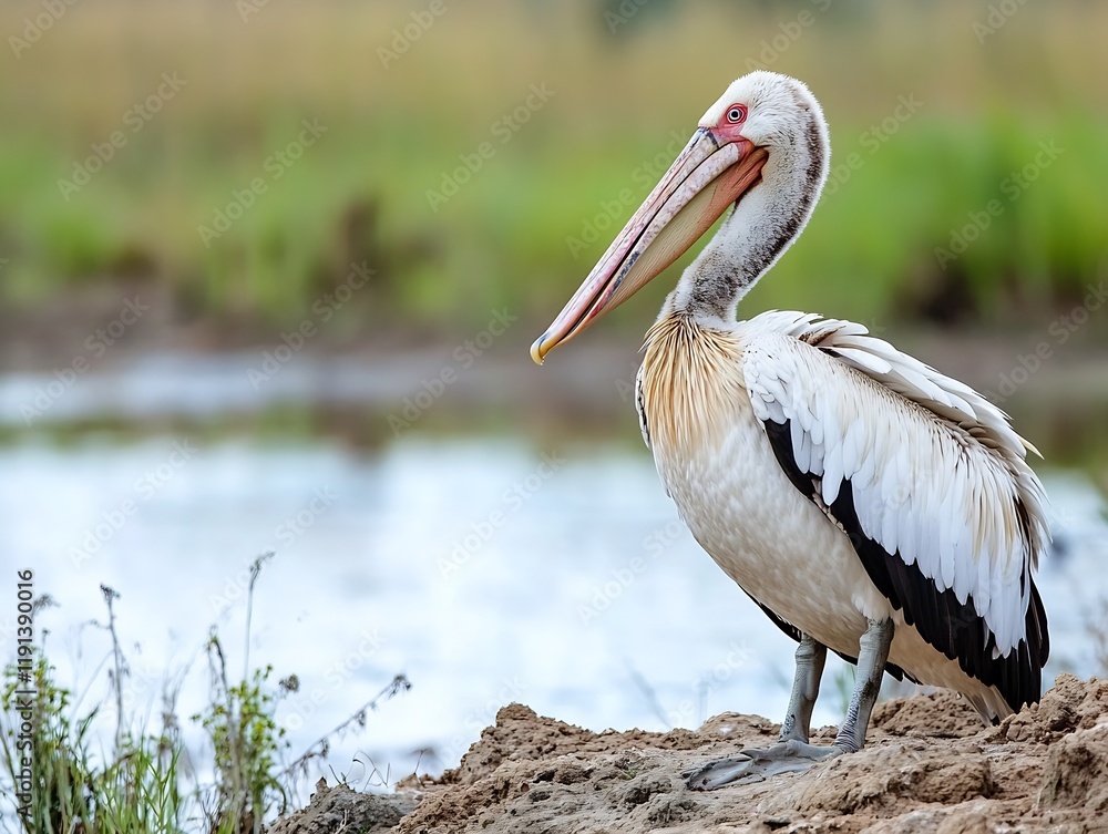 Majestic White Pelican Posed by Tranquil Waters Reflecting Natural Beauty and Wildlife : Generative AI Majestic White Pelican Posed by Tranquil Waters Reflecting Natural Beauty and Wildlife : Generative AI
