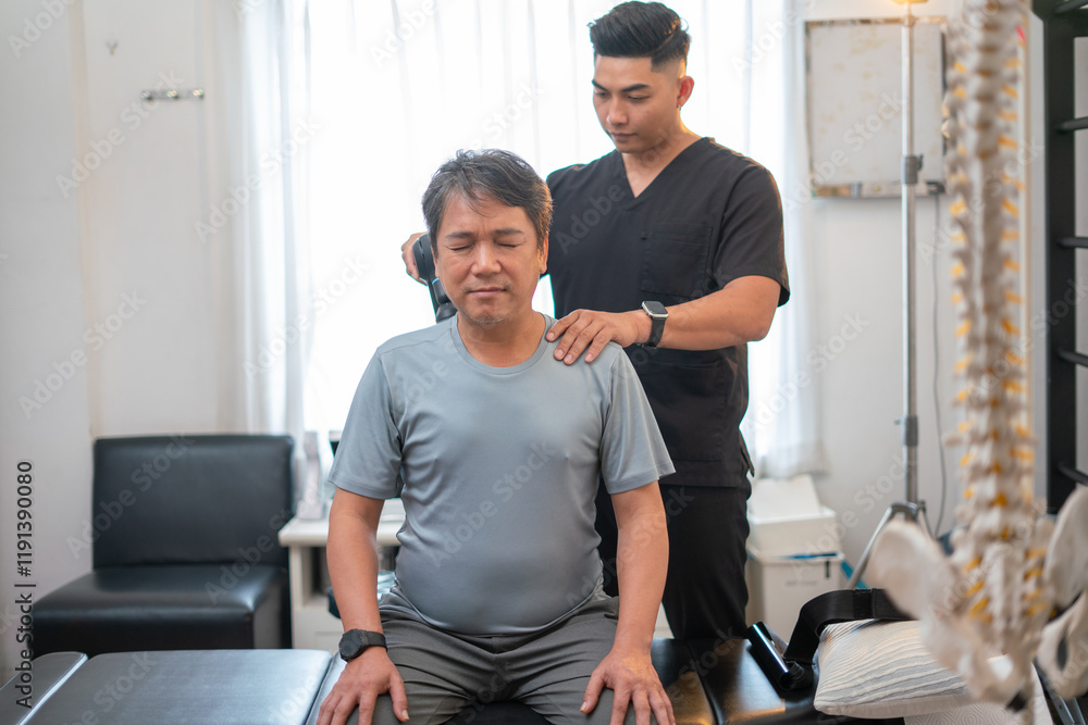 Obraz premium Chiropractic Adjustment: A male chiropractor carefully adjusts the posture of a mature male patient in a calm and professional medical setting.