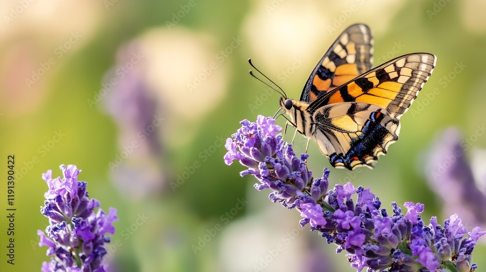 Vibrant Swallowtail Butterfly Resting on Lush Purple Lavender Blossoms : Generative AI