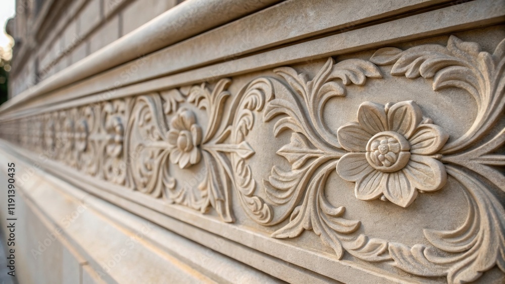 A medium closeup of an engraved stone facade focusing on the intricate floral motifs that emerge from the smooth surface emphasizing detail and craftsmanship. A medium closeup of an engraved stone facade focusing on the intricate floral motifs that emerge from the smooth surface emphasizing detail and craftsmanship.