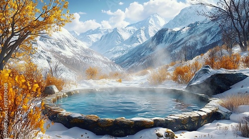 A hot spring pool in the snowy mountains, surrounded by snow-covered mountain peaks and sparse trees with yellow leaves on both sides.