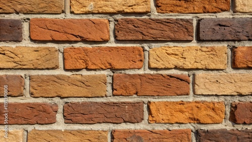 A medium closeup of a of bricks in various shades of brown and orange with contrasting textures where the mortar reveals a rough or uneven application between them. photo