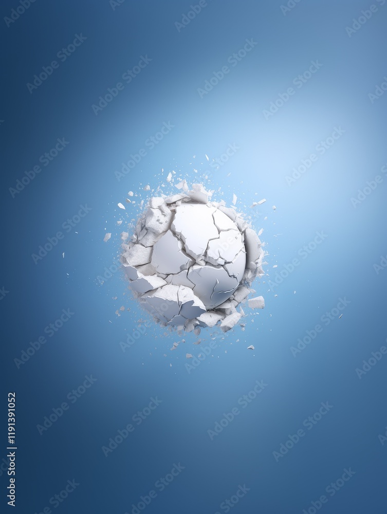 Fototapeta premium A white cracked sphere mid-explosion, scattering debris in all directions, set against a clean blue gradient background, creating a dynamic and modern visual effect.