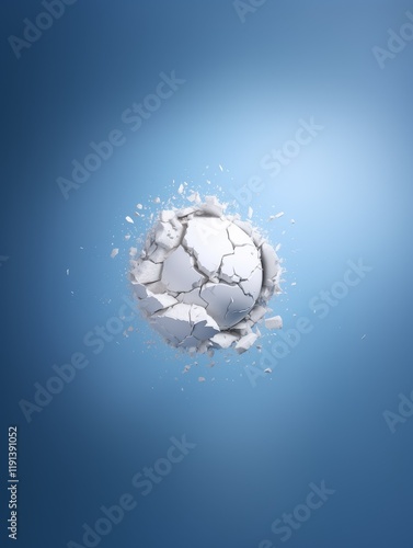 A white cracked sphere mid-explosion, scattering debris in all directions, set against a clean blue gradient background, creating a dynamic and modern visual effect.