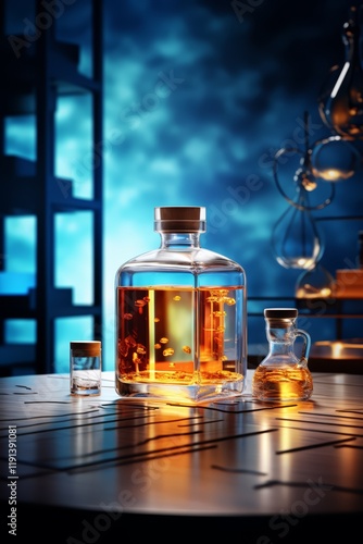 Glass bottles filled with amber liquid sit on a sleek laboratory table, illuminated by a vibrant blue background, showcasing a modern and scientific aesthetic.