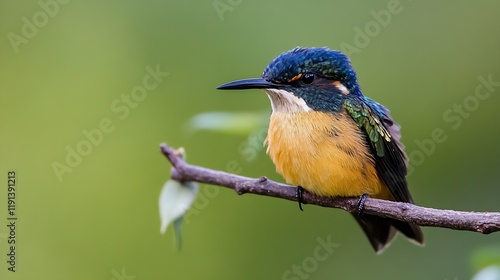 Vibrant Blue and Orange Kingfisher Bird Perched on Twig Against Blurred Green Background : Generative AI photo