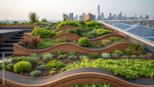 A medium closeup of a rooftop garden with an undulating design featuring various plant species and ecofriendly installations that blend natural elements with urban living. photo