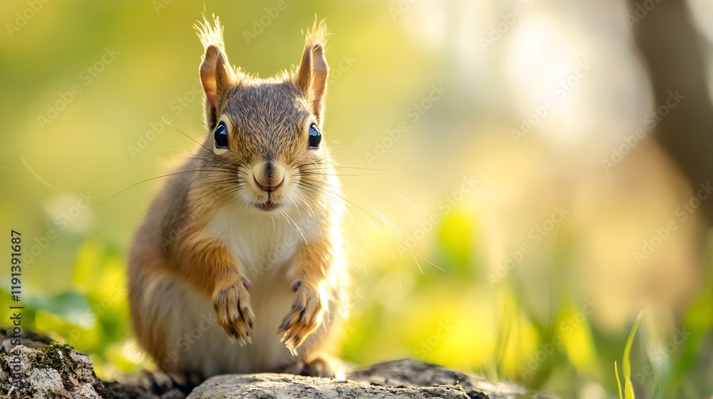 Playful Squirrel Standing Among Lush Greenery in Sunlit Forest Setting : Generative AI Playful Squirrel Standing Among Lush Greenery in Sunlit Forest Setting : Generative AI