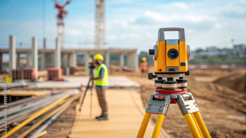 A medium closeup of a surveying instrument set up on a construction site with workers in the background measuring land illustrating the importance of precision in building A medium closeup of a surveying instrument set up on a construction site with workers in the background measuring land illustrating the importance of precision in building