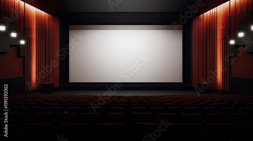 Movie auditorium with red curtains and blank screen.