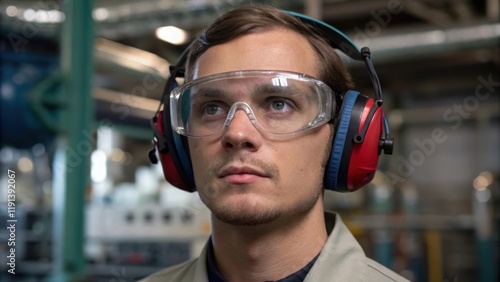 A medium closeup of a technician in a lab setting sporting soft padded ear protection with faint reflections of complex machinery on the lenses of their safety glasses illustrating photo