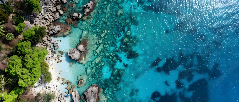 Obraz premium Aerial View of Crystal Clear Waters and Rocky Shoreline at Tropical Beach