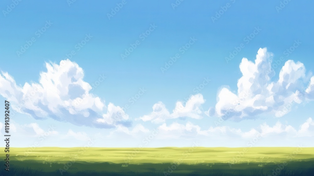 Fototapeta premium Serene Meadow Under a Bright Blue Sky With Puffy Clouds