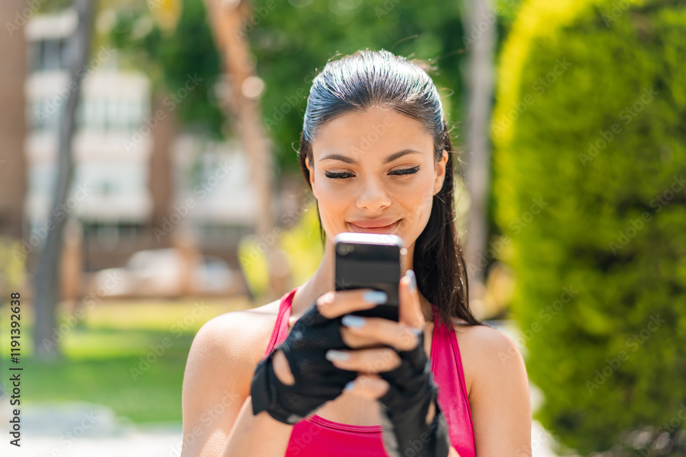 Young pretty sport woman at outdoors sending a message or email with the mobile Young pretty sport woman at outdoors sending a message or email with the mobile
